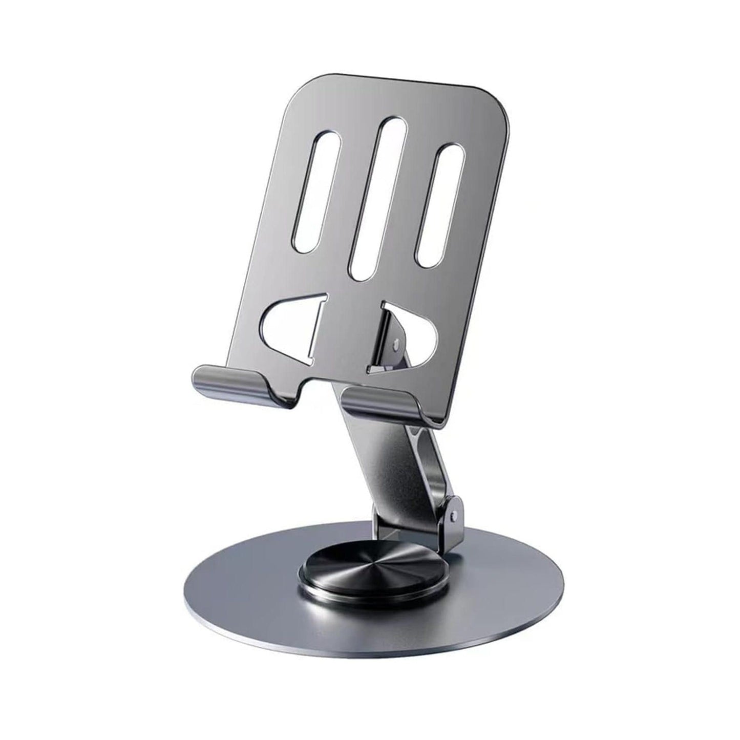Metallic phone stand on a white background