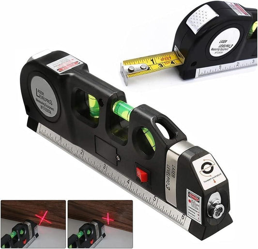 4-in-1 multifunction distance meter with spirit level, measuring tape, laser level, and ruler for accurate DIY, construction, and home measurement tasks