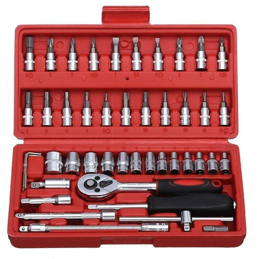46-in-1 multi-purpose tool kit with screwdriver, ratchet wrench, and socket set in red case