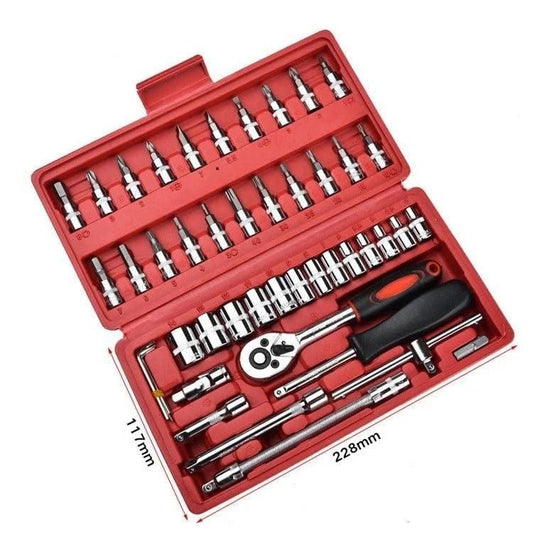 Compact 46-in-1 tool kit in red case with dimensions 117mm x 228mm for portability