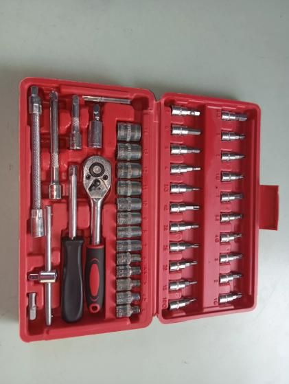 Top view of 46-in-1 multi-purpose tool kit with sockets, screwdrivers, and ratchet wrench