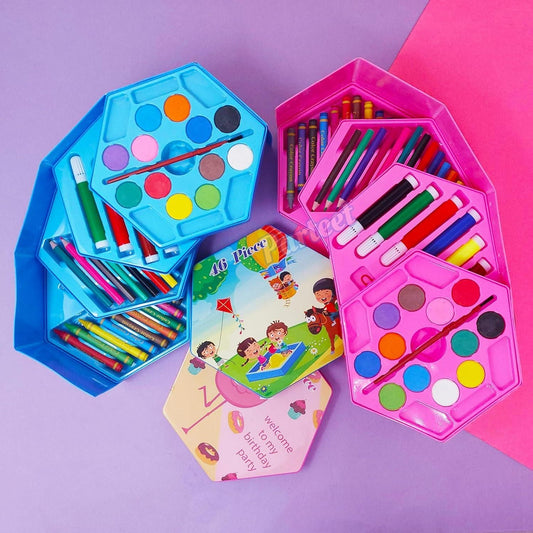 46-piece kids art set with drawing and painting supplies including colored pencils, markers, crayons, and watercolors in blue and pink hexagonal boxes, perfect for creative activities and birthday gifts