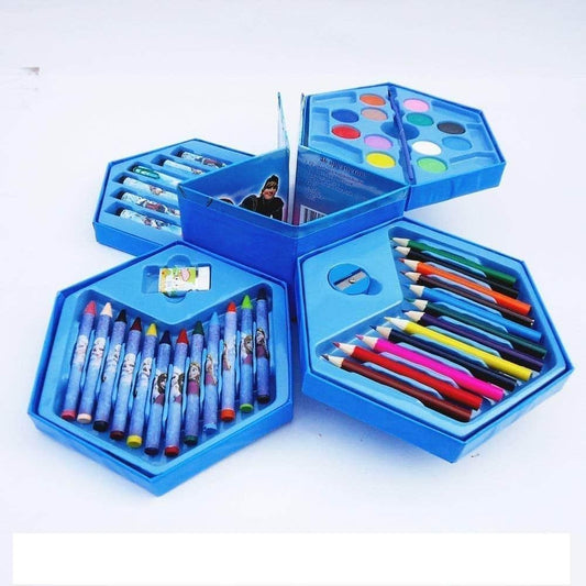46-piece art set with colored pencils, crayons, watercolors, and painting tools in a portable blue hexagonal box, ideal for kids, beginners, and travel
