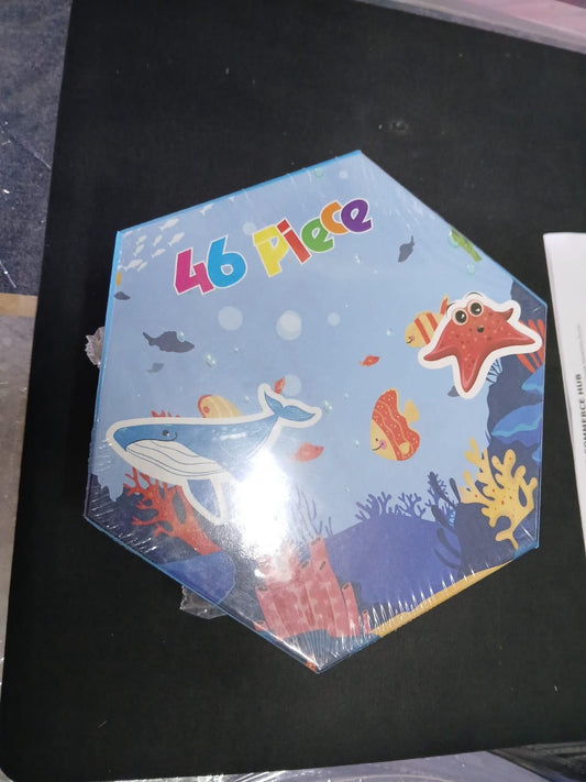 46-piece kids art set in blue ocean-themed hexagonal box featuring cartoon whale, starfish, and fish, perfect for creative drawing and painting activities