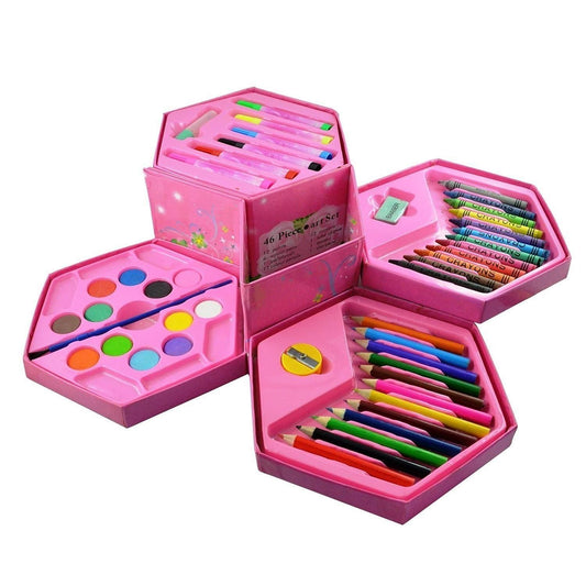 46-piece pink art set with colored pencils, crayons, markers, watercolors, and painting supplies in a hexagonal box for kids drawing and creative activities