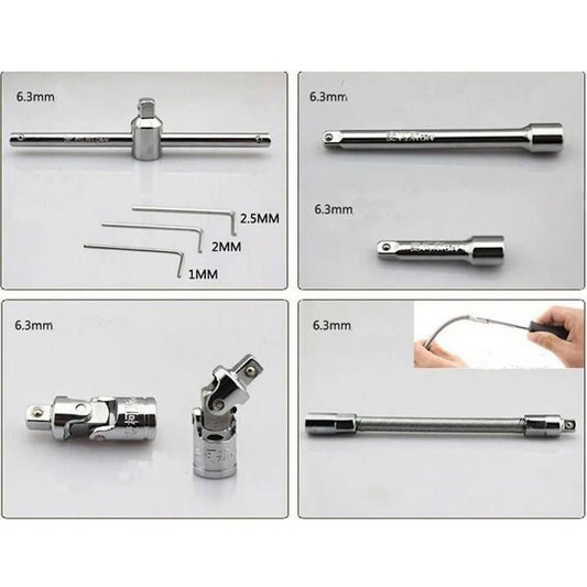 All components of 46-piece tool kit including sockets, screwdriver bits, and ratchet wrench