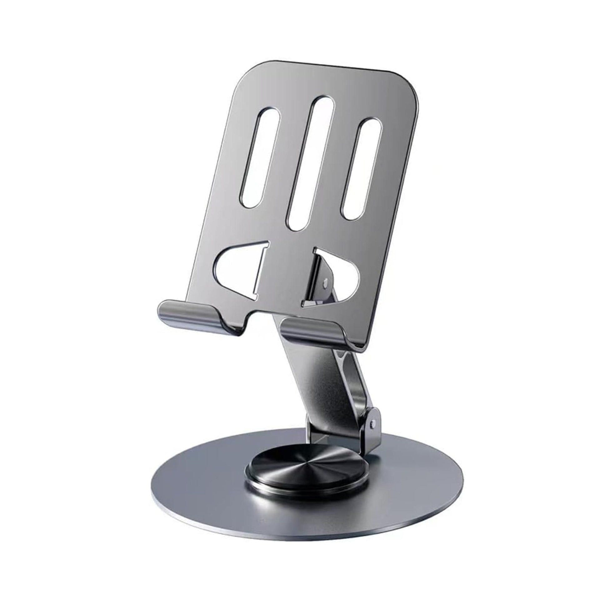 Metallic phone stand on a white background