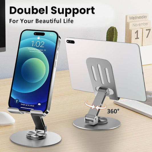 Dual support aluminium stand compatible with both smartphones and tablets showing versatile device positioning
