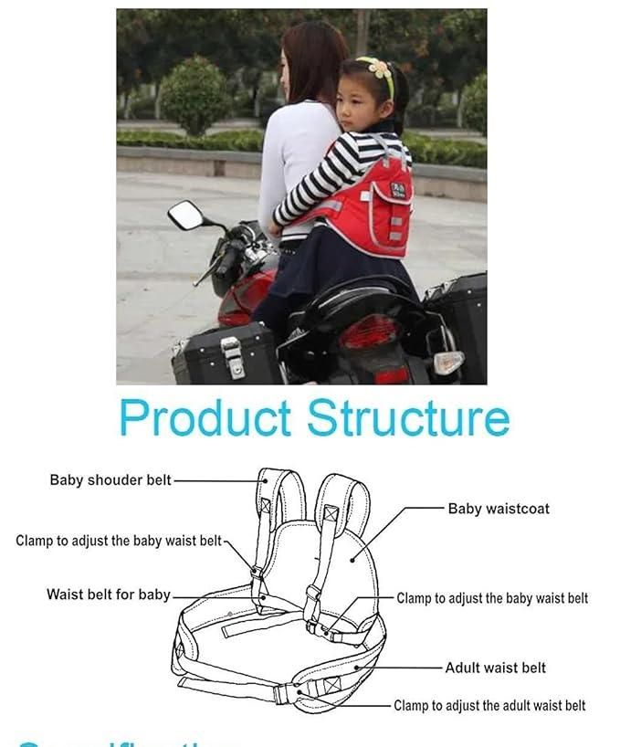 Baby safety belt for motorcycles showing product structure with labeled components including shoulder straps, waist belt, and adjustment clamps for secure 2-wheeler riding