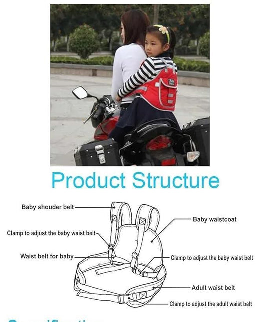 Baby safety belt for motorcycles showing product structure with labeled components including shoulder straps, waist belt, and adjustment clamps for secure 2-wheeler riding