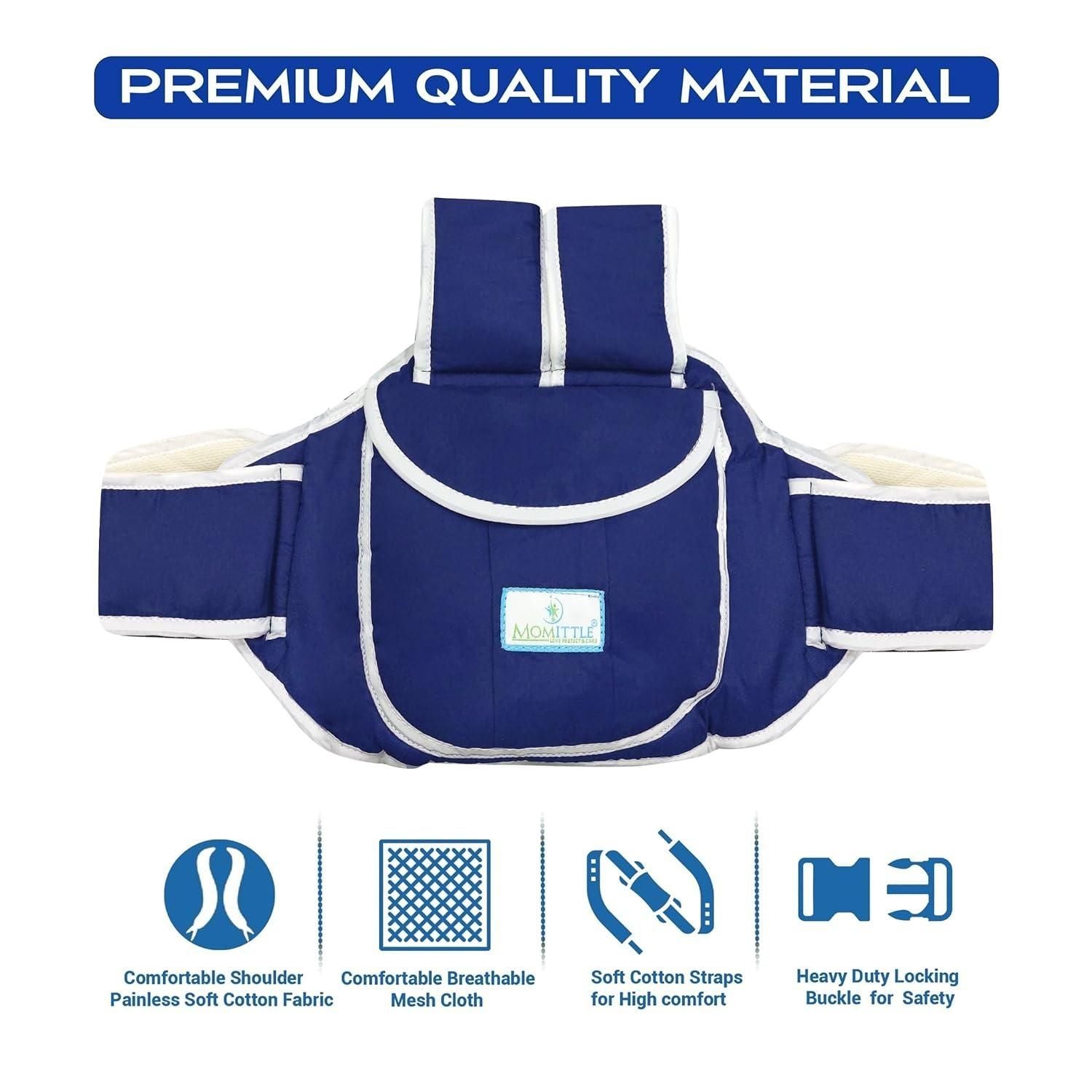 Premium quality navy blue baby safety belt with soft cotton fabric, breathable mesh, and heavy-duty locking buckle for secure and comfortable child riding on motorcycles or scooters