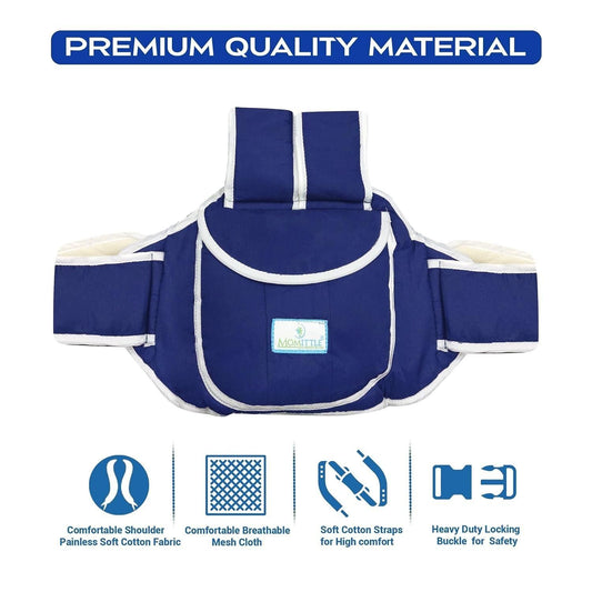 Premium quality navy blue baby safety belt with soft cotton fabric, breathable mesh, and heavy-duty locking buckle for secure and comfortable child riding on motorcycles or scooters