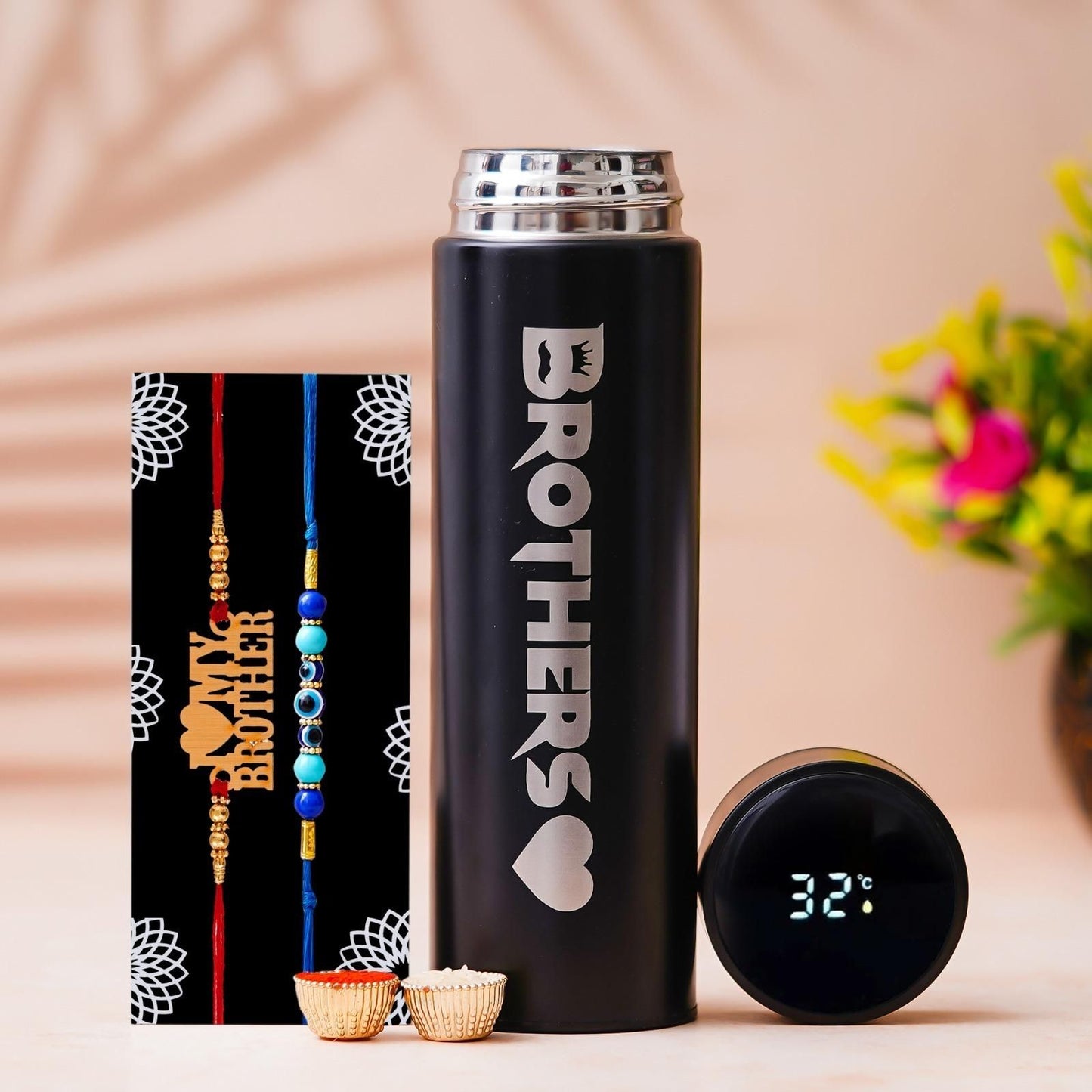 Brother edition temperature display black bottle paired with two designer rakhi bracelets, perfect gift set for Raksha Bandhan