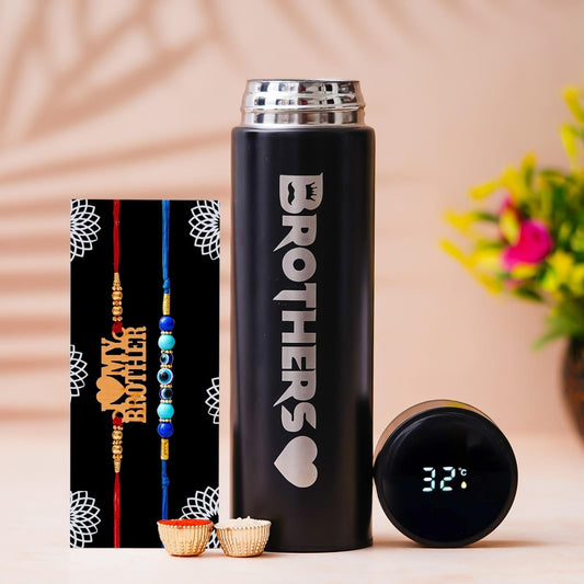 Brother edition temperature display black bottle paired with two designer rakhi bracelets, perfect gift set for Raksha Bandhan