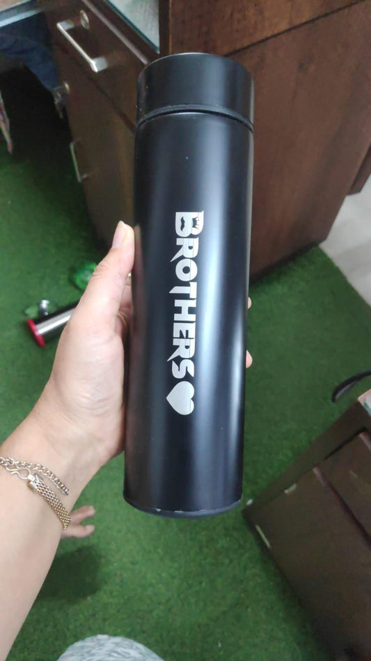 Black Brother temperature flask bottle with white lettering, ideal Raksha Bandhan gift for brothers, featuring stainless steel insulated design