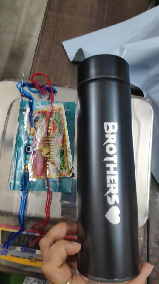 Brother themed black temperature flask bottle gift set with two designer rakhi bracelets, ideal Raksha Bandhan present for brothers