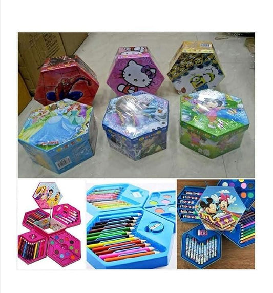 Assorted kids’ art sets in colorful hexagonal boxes featuring cartoon characters, with drawing and painting supplies including pencils, crayons, and watercolors for creative activities