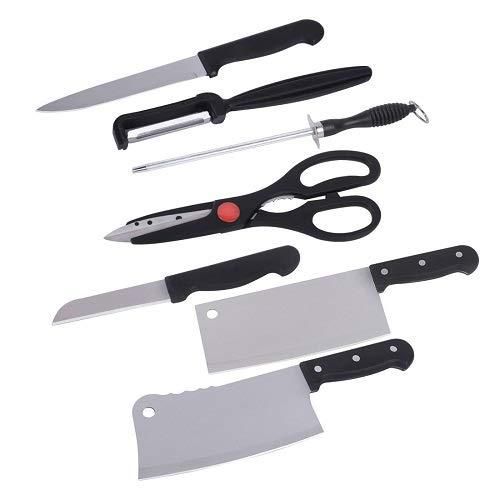 Kitchen knife set with chef’s knife, cleavers, kitchen scissors, peeler, and sharpener, featuring black handles and stainless steel blades, essential tools for food preparation