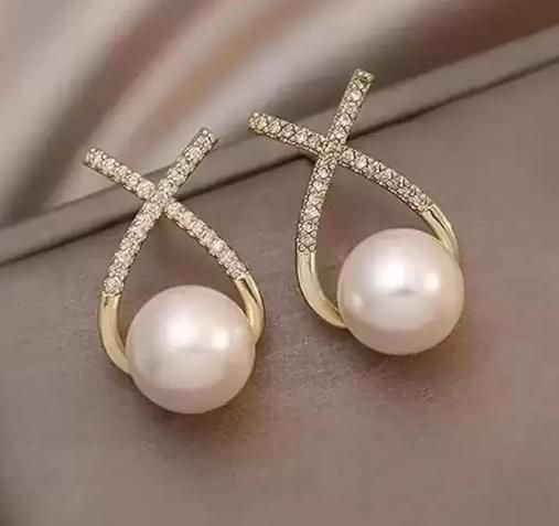 Elegant Korean cross pearl stud earrings with gold-plated finish and sparkling stones, featuring a classic round pearl drop design for women