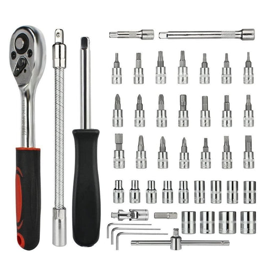 Organized 46-piece tool kit layout showing all tools for home, bike, and car maintenance