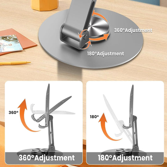 Aluminium phone stand showing 360° rotation capability with directional arrows demonstrating full rotational movement