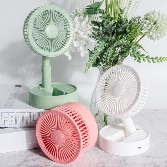 Portable rechargeable desk and pedestal fans in various colors, compact and foldable design