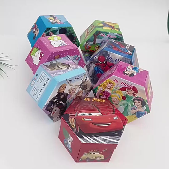 Video displaying a variety of kids’ art sets in colorful hexagonal boxes with popular cartoon designs, perfect for creative drawing and painting activities