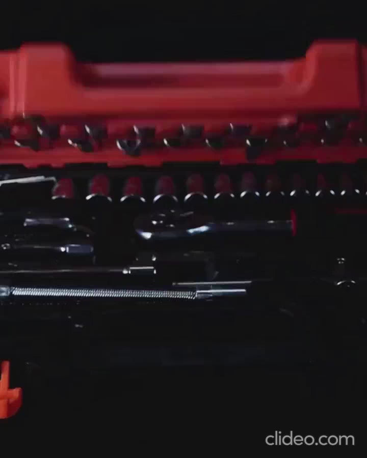 Close-up video of screwdriver bits and ratchet wrench in 46-in-1 tool kit
