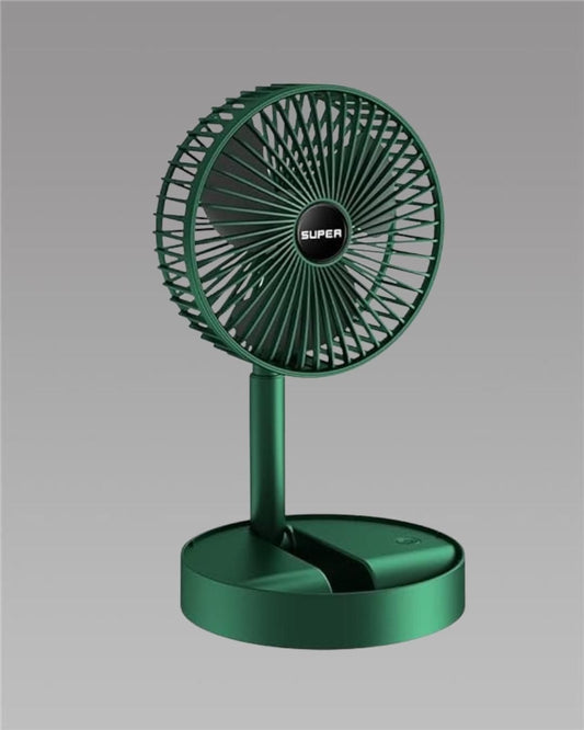 Rechargeable telescopic pedestal fan in green, adjustable height, portable desk and pedestal fan