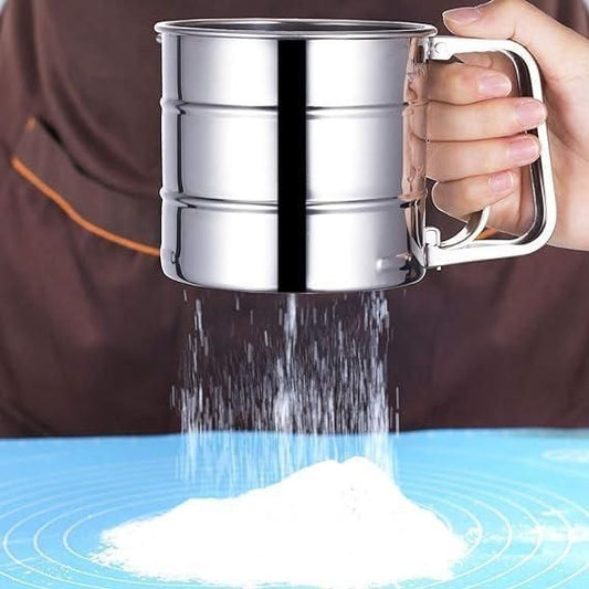 Stainless steel flour sifter with manual hand press, large-capacity baking sieve for sifting flour, sugar, cocoa, and coffee powder, ergonomic and rust-resistant