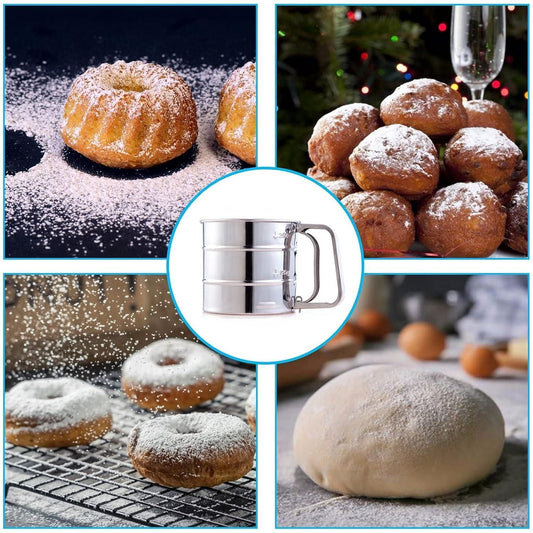 Stainless steel flour sifter with manual handle shown sifting flour or sugar over donuts, cakes, and dough, ideal baking sieve for pastries, bread, and dessert decoration