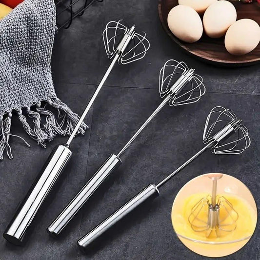Steel hand press blender featuring a manual rotary whisk design, ideal for beating eggs, blending ingredients, and mixing batter in the kitchen