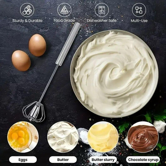 Steel hand press blender shown with eggs and whipped cream, demonstrating multi-use for eggs, butter, butter slurry, and chocolate syrup; sturdy, food-grade, dishwasher safe kitchen whisk