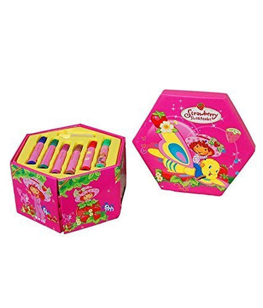 Strawberry Shortcake themed kids art set in a pink hexagonal box with colorful markers, perfect for drawing and creative activities