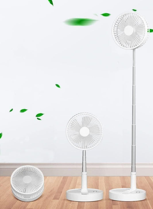 Adjustable telescopic pedestal fan fully extended, showing height adjustment for desk or floor use